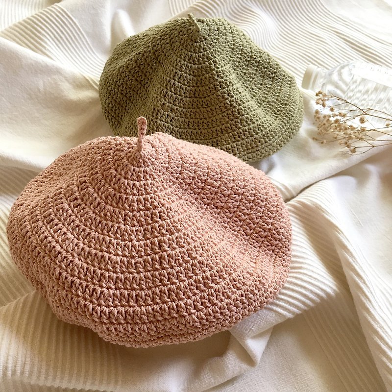 hm2. Cotton soft woven beret pink orange / light grass - หมวก - ผ้าฝ้าย/ผ้าลินิน หลากหลายสี