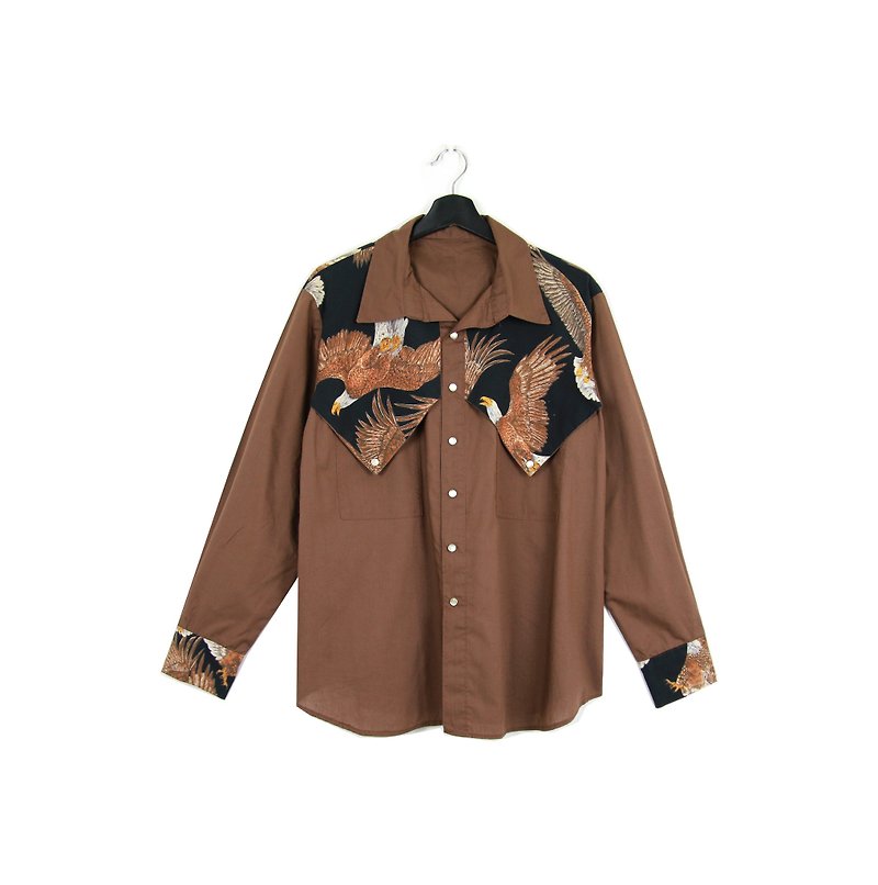 Back to Green :: 70s Western Shirt Coffee Bottom Eagle // Men and Women Wearable // vintage (D-15) - Men's Shirts - Polyester 