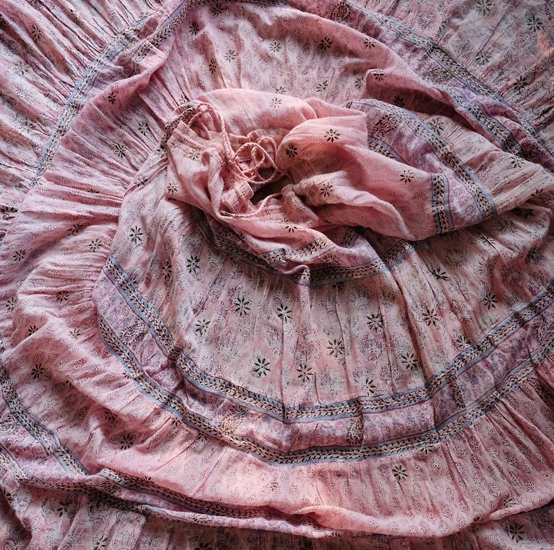 Vintage 70s skirt Old India stamped thin cotton strap dress gentle pink - Skirts - Cotton & Hemp 