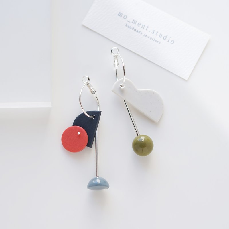 Izara 原創設計 手工軟陶 幾何線條 簡約 純銀耳針 耳環 - 耳環/耳夾/耳骨夾 - 陶 綠色