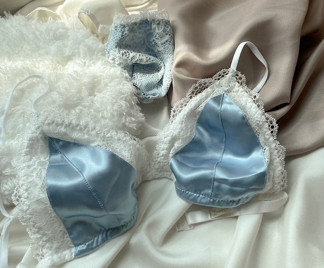 Set Bra, satin lace with lining (bra + panties) blue and white - 設計館brababa-lace  女裝內衣/內褲- Pinkoi