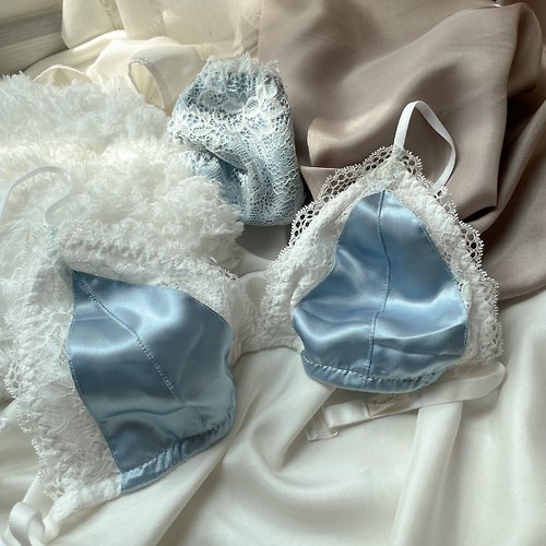 Set of satin lace with lining (bra + panties) navy blue