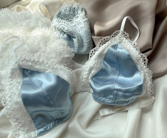 Set Bra, satin lace with lining (bra + panties) blue and white - Shop  brababa-lace Women's Underwear - Pinkoi