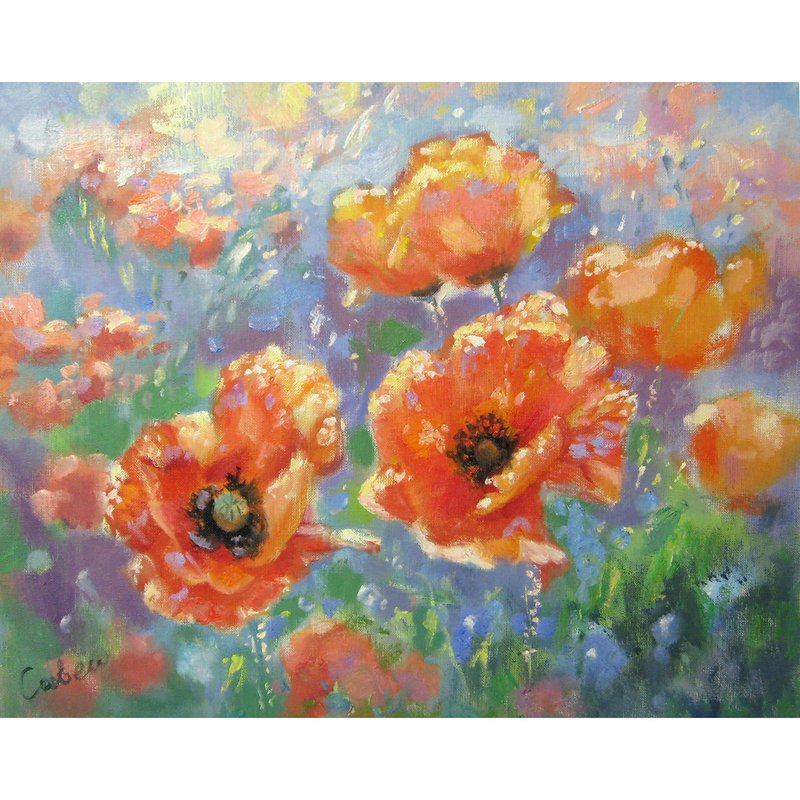 Poppy Painting Original Art Red Flower Impressionism Artwork Blooming Meadow - 海報/掛畫/掛布 - 其他材質 