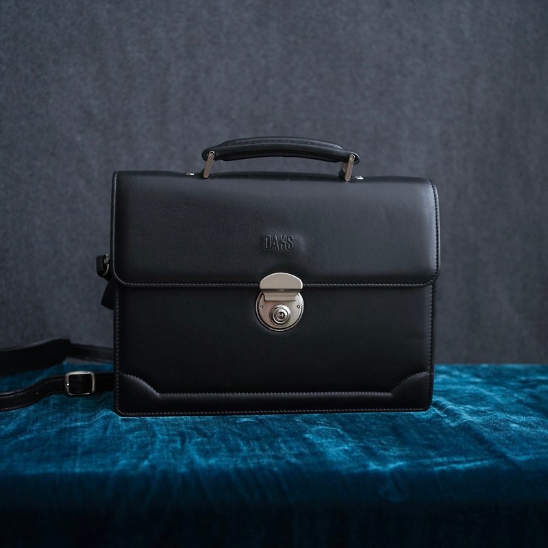 DAKS black genuine leather portable shoulder hard shell bag college briefcase vintage antique bag Mother's Day - Handbags & Totes - Other Materials Black