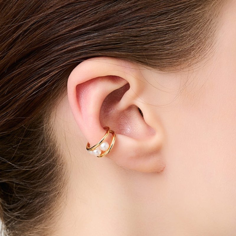 Elegant Pearl Earrings 925 Silver Thick Plated 18K Gold Demi Pearl Earcuff - ต่างหู - เงินแท้ สีทอง