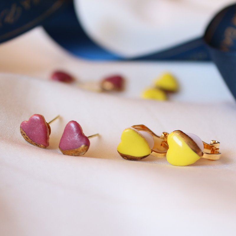 Special feature [Shigaraki ware] Heart chocolate Pottery Traditional craft Clip-On Earrings Simple yellow Red - Earrings & Clip-ons - Pottery Yellow