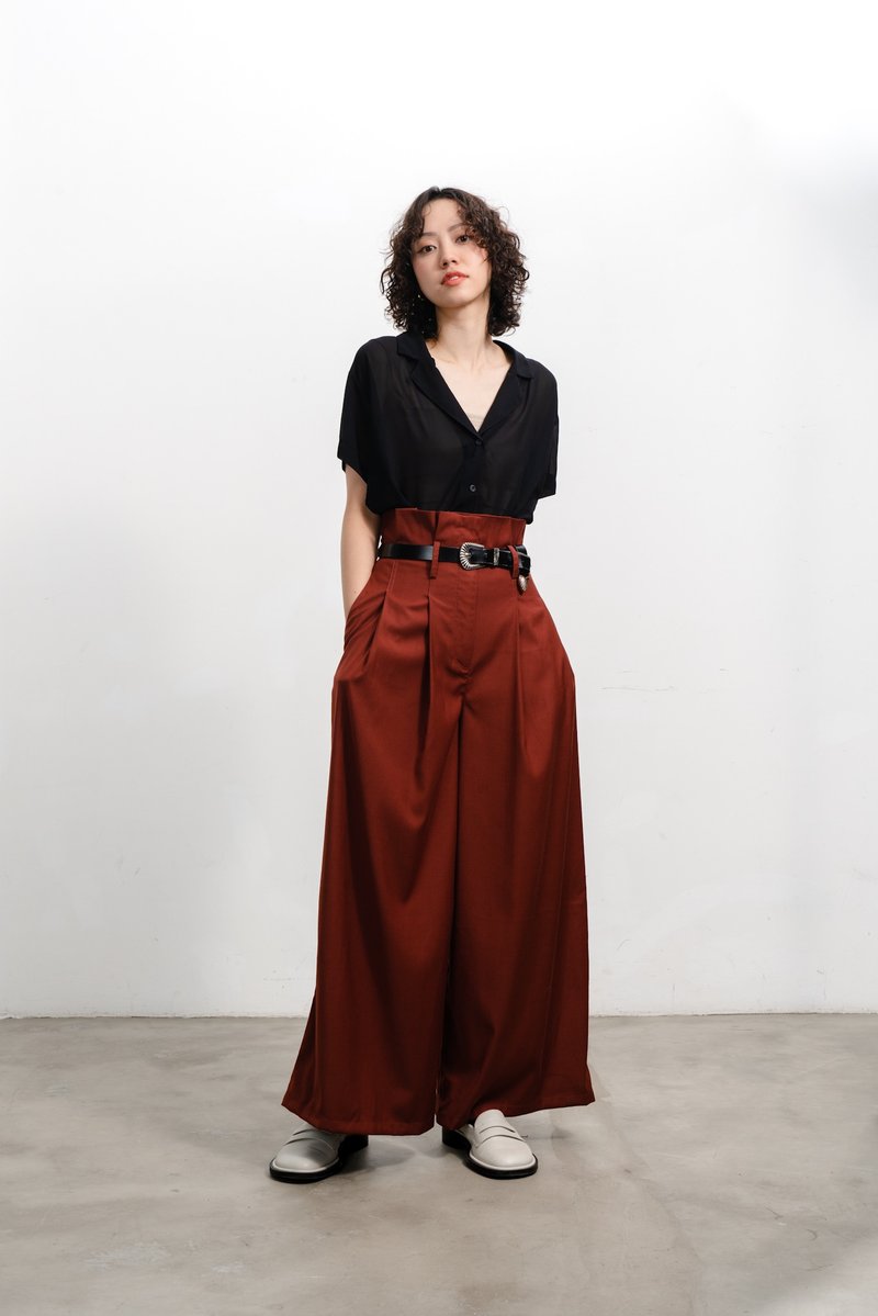 Crinkled High Waist Trousers Paper-bag Waist Trousers - กางเกงขายาว - ผ้าฝ้าย/ผ้าลินิน สีแดง