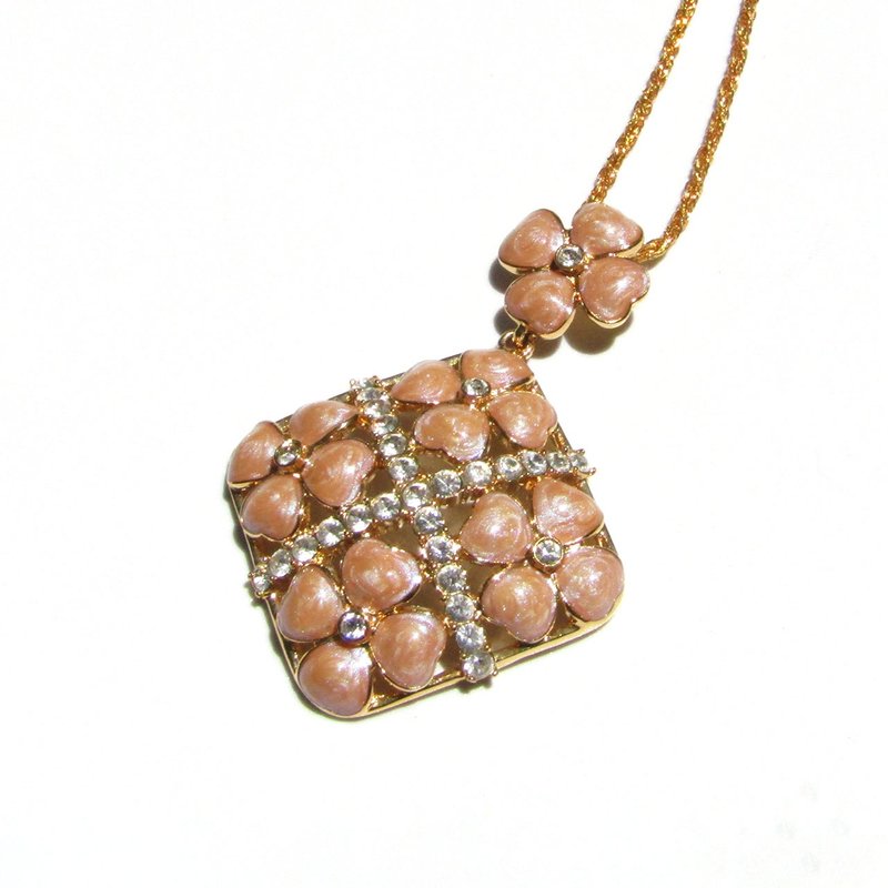 Nolan Miller Vintage pink enamel × rhinestone floral necklace - 項鍊 - 其他材質 粉紅色
