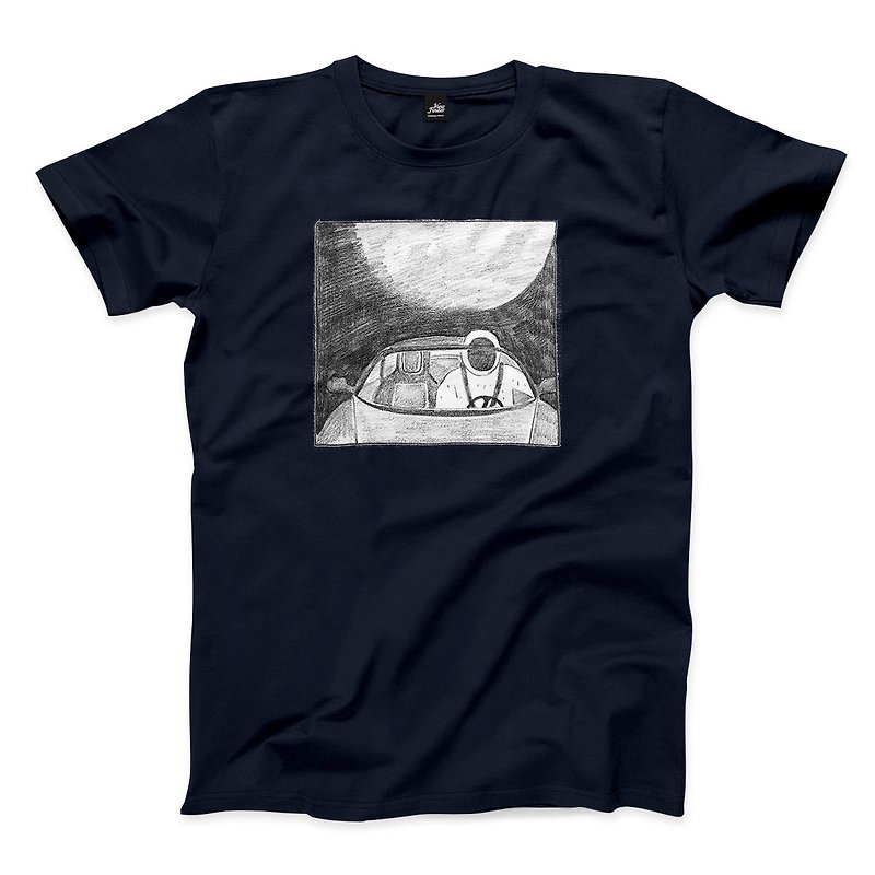 Space Dummy Listening to Music-Navy-Unisex T-shirt - เสื้อยืดผู้ชาย - ผ้าฝ้าย/ผ้าลินิน สีน้ำเงิน