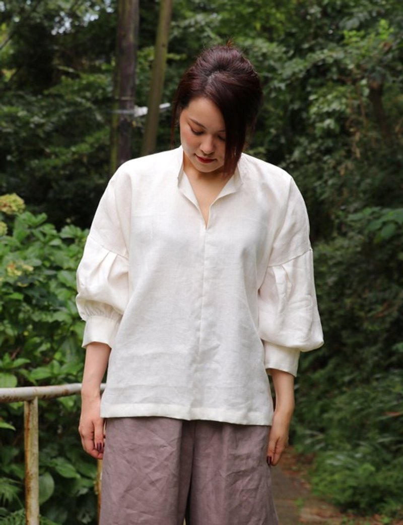 Linen off white stand-up collar blouse - Women's Tops - Cotton & Hemp 