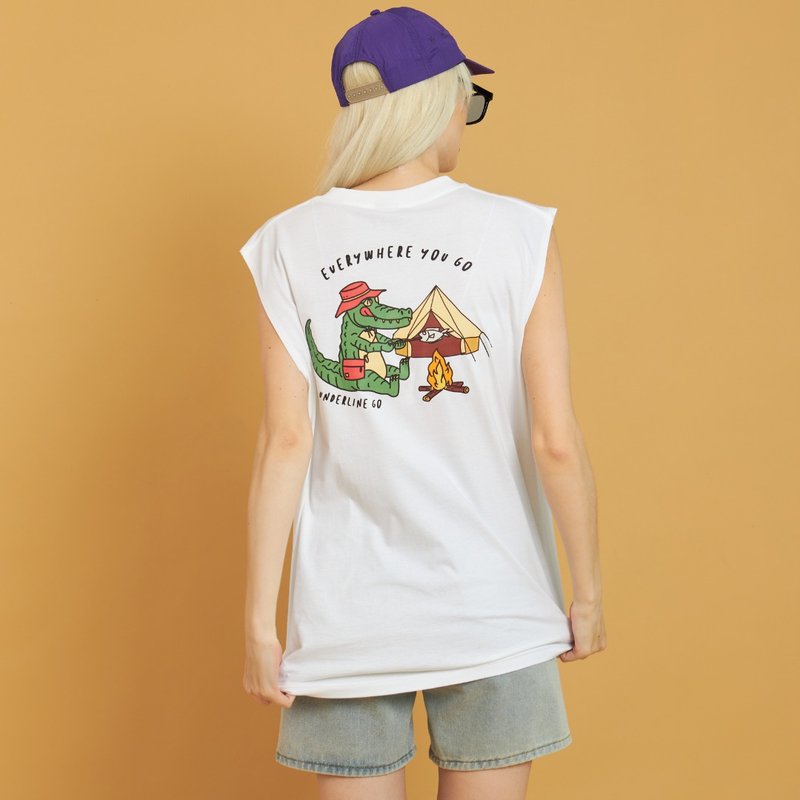 Crocodile Camping Cotton Tank Top / M L / 3 colors - 男 T 恤 - 棉．麻 白色