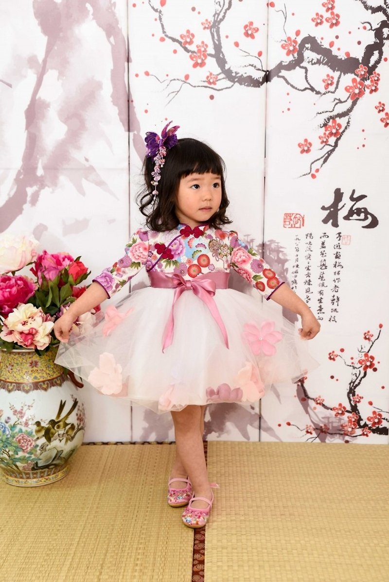 Flower butterfly modified cheongsam dress - Other - Cotton & Hemp Pink