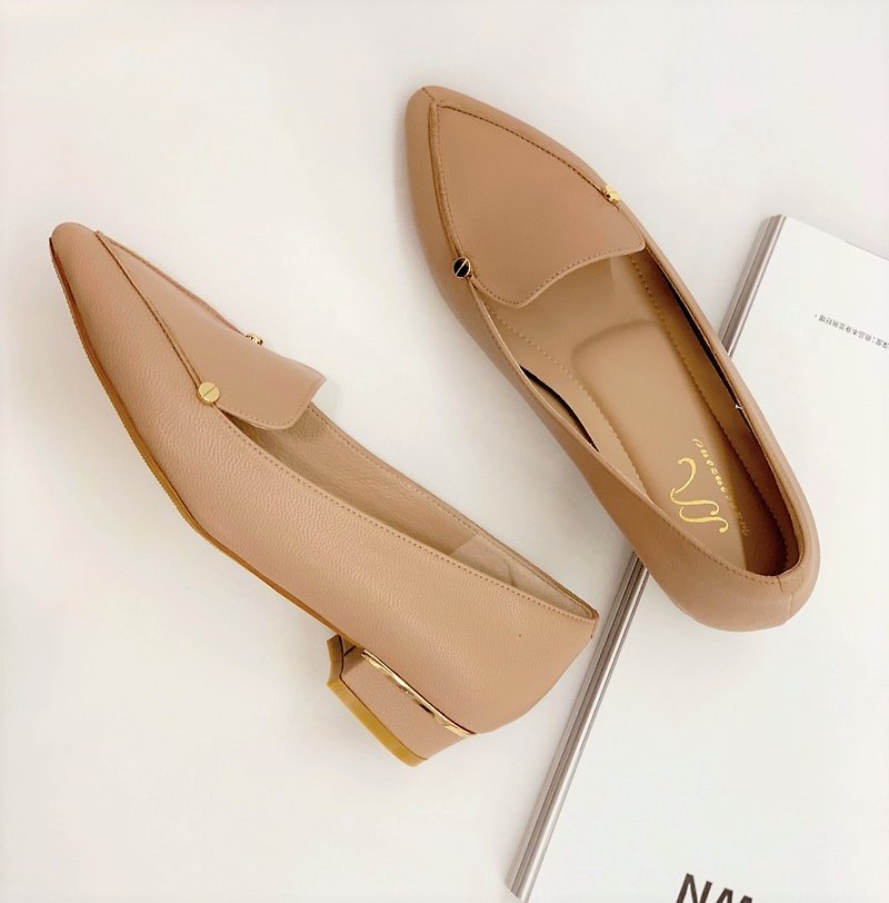 Leto-pink complexion-textured double gold buckle pointed toe low heels - Women's Oxford Shoes - Genuine Leather Pink