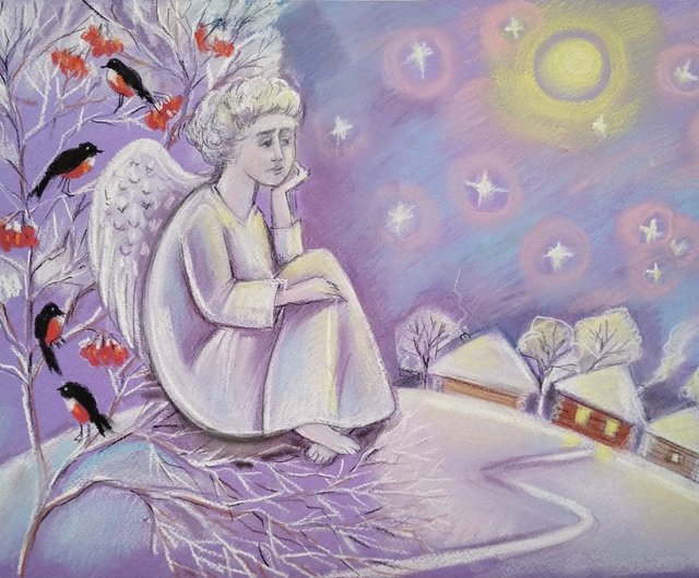 ア*ラ様 天使の架ける冬の虹　　絵画原画 天使の冬の絵 新年のパステル画 クリスマスの絵画 鳥 冬のアート