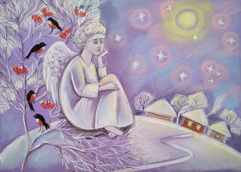 Angels winter drawing New Year's pastel Christmas painting birds winter art - Wall Décor - Paper Purple