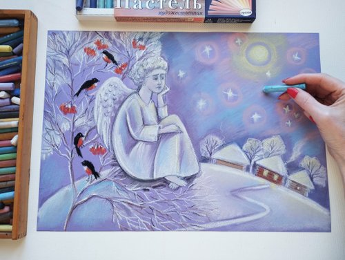 天使の冬の絵 新年のパステル画 クリスマスの絵画 鳥 冬のアート