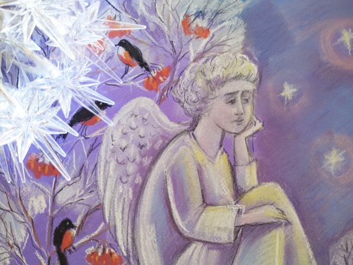 天使のクリスマス　絵画アート原画　パステル画 天使の冬の絵 新年のパステル画 クリスマスの絵画 鳥 冬のアート