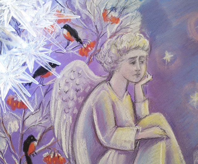 天使のクリスマス　絵画アート原画　パステル画 天使の冬の絵 新年のパステル画 クリスマスの絵画 鳥 冬のアート