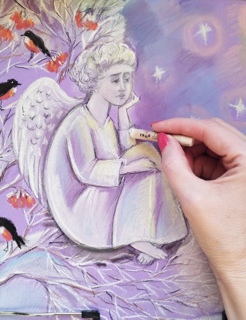 天使の冬の絵 新年のパステル画 クリスマスの絵画 鳥 冬のアート