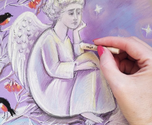 天使のクリスマス　絵画アート原画　パステル画 天使の冬の絵 新年のパステル画 クリスマスの絵画 鳥 冬のアート