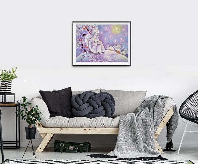 天使の冬の絵 新年のパステル画 クリスマスの絵画 鳥 冬のアート