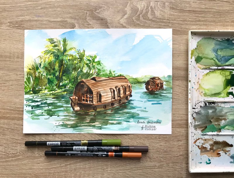 Indian painting Kerala backwaters watercolor original painting Boat India artwor - Wall Décor - Paper Green