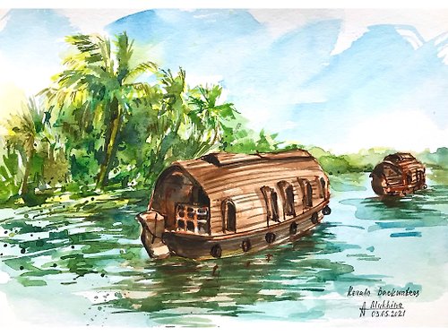 AnaMuStudio Indian painting Kerala backwaters watercolor original painting Boat India artwor