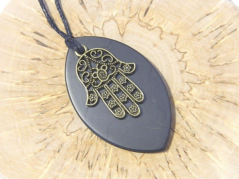 Shungite necklace, Hamsa hand pendant, Hand of Fatima jewelry, healing stone - Necklaces - Stone Black