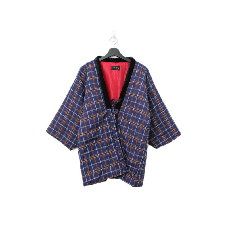 Back to Green - Japanese Haori Jacket, Indigo & Purple, British Plaid Lines pt-39 / Vintage - เสื้อโค้ทผู้ชาย - ผ้าฝ้าย/ผ้าลินิน 