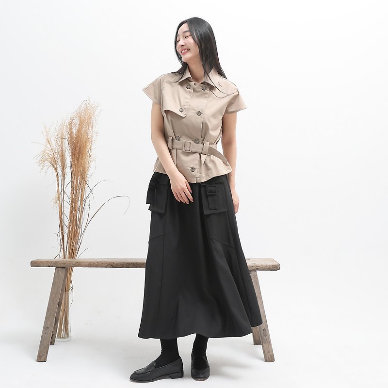 Suxing_wake style pocket long skirt_24SF201_black - Skirts - Polyester Black