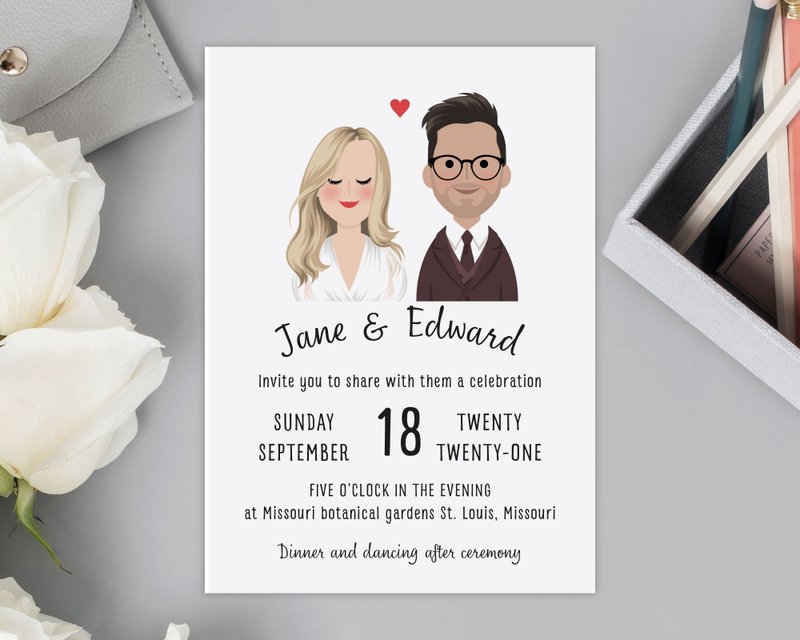 Cartoon wedding invitation with custom portraits. Printable illustrated invites. - 電子喜帖/賀卡/邀請函 - 其他材質 