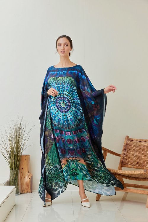 slowsundaynight Boho Silk Tiedye Peacock Butterfly Kaftan Dressing Gown, New Designer Kaftan
