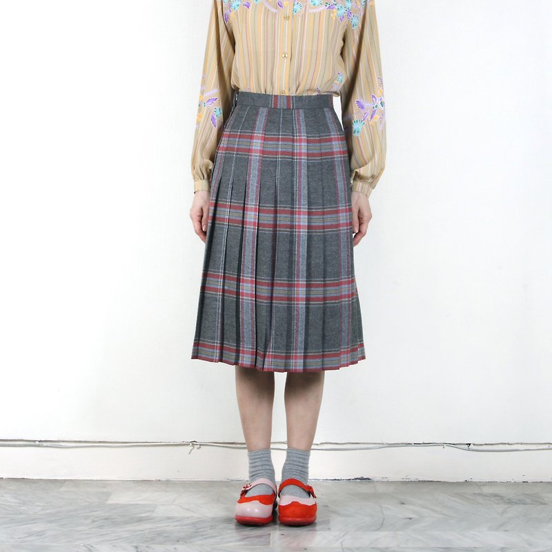 [Egg plant ancient] gray age lattice ancient woolen pleated skirt - Skirts - Wool Gray