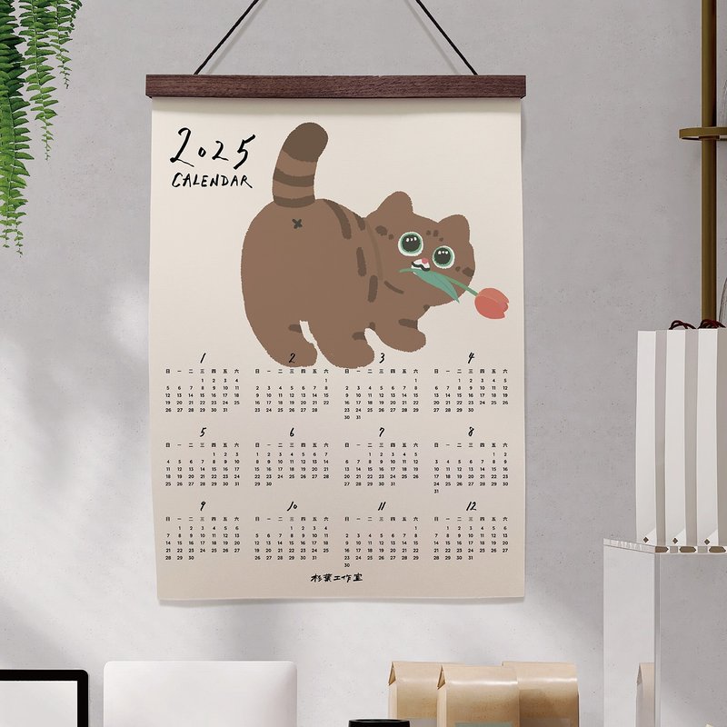 Mori Ou Illustration 2025 Calendar Tabby Cat Holding Flowers in Mouth Calendar Poster Home Decoration Store Decoration Exchange Gift - ปฏิทิน - กระดาษ 