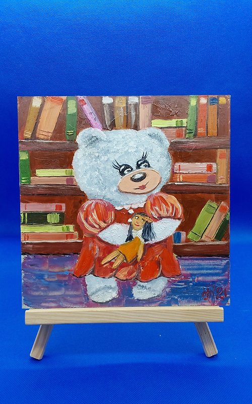 CosinessArt Funny Teddy Bear Original Painting Forest Animals Handmade Oil Painting with Toy