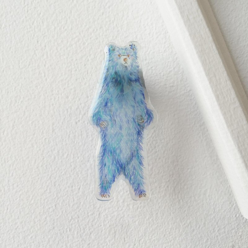 #01 STANDING Bear (Blue)  : Handmade Shrink Plastic Brooch - เข็มกลัด - พลาสติก สีน้ำเงิน