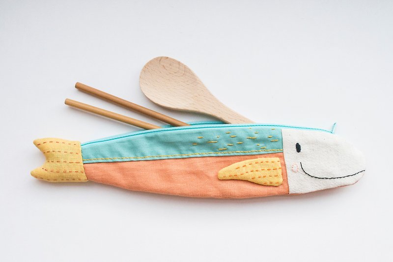 Travelling Tuna cutlery pouch - Chopsticks - Cotton & Hemp Multicolor
