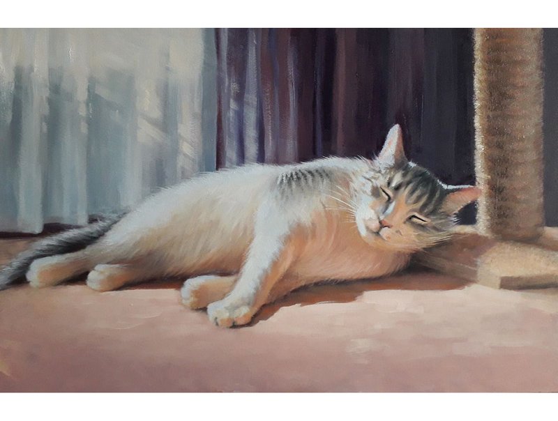 Original oil painting/ Sweet Dream of a Cat. 40 x 60 cm - 壁貼/牆壁裝飾 - 其他材質 