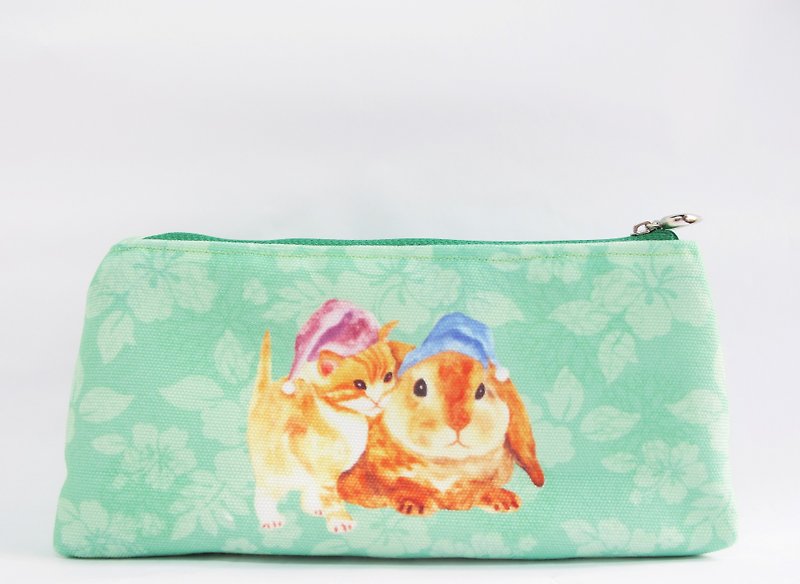 Bunny & Cat Cosmetic Bag/Green Rabbit Kitty Make Up Bag/Doggies Toiletry Storage/Stationary Bag/Pouch/Handmade/Pencil Case/fabric zip/travel - กระเป๋าคลัทช์ - ผ้าฝ้าย/ผ้าลินิน สีเขียว