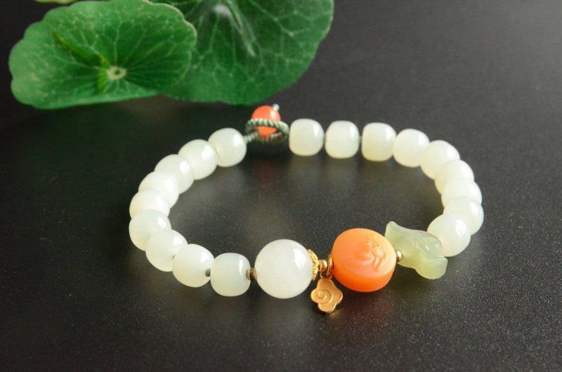 [Lotus] Natural Hetian jade green and white jade bracelet bracelet 18K gold auspicious cloud yellow dragon jade lotus green jade ingot - Bracelets - Gemstone 
