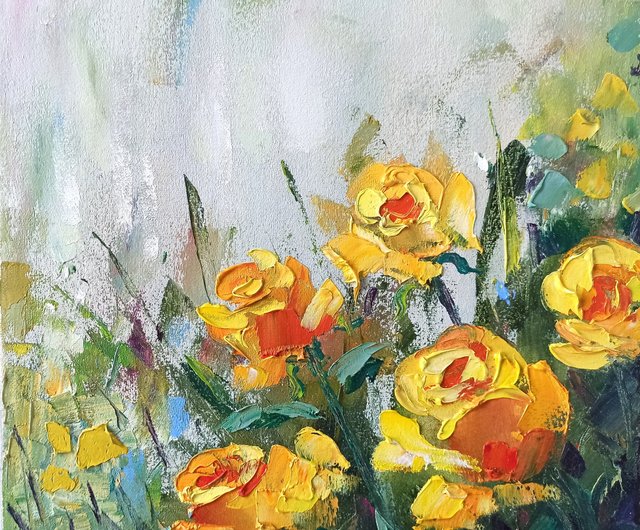 黄色いバラ 薔薇 ローズ 花瓶 油絵