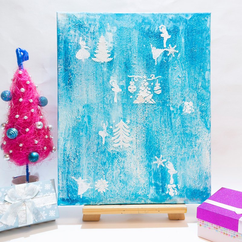 Christmas Painting Tree Pine Original Art Ballerina Dance Snowflake Artwork Snow - โปสเตอร์ - วัสดุอื่นๆ สีน้ำเงิน