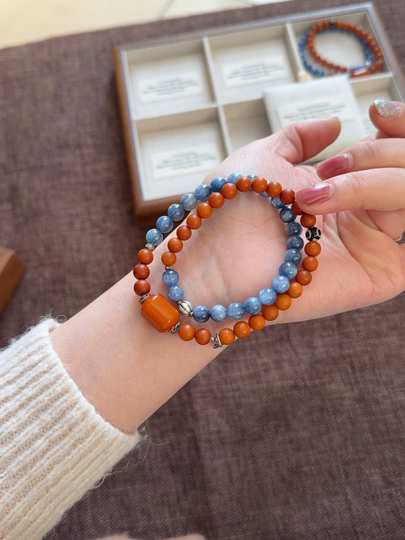 橘皮老蜜蠟配藍晶石手鏈雙圈  新中式文玩手鏈 情侶款手鏈 開運 - 手鍊/手環 - 玉石 