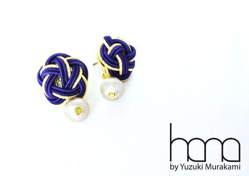 Mizuhiki Navy Gold Earring, Japanese Mizuhiki Earring, Cotton Pearl Accessory - Earrings & Clip-ons - Paper Blue