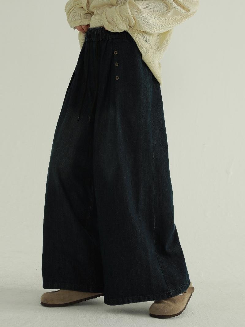 Black/blue wide-leg loose jeans retro casual high waist washed versatile wide pants long pants L-XL - Women's Pants - Cotton & Hemp Blue