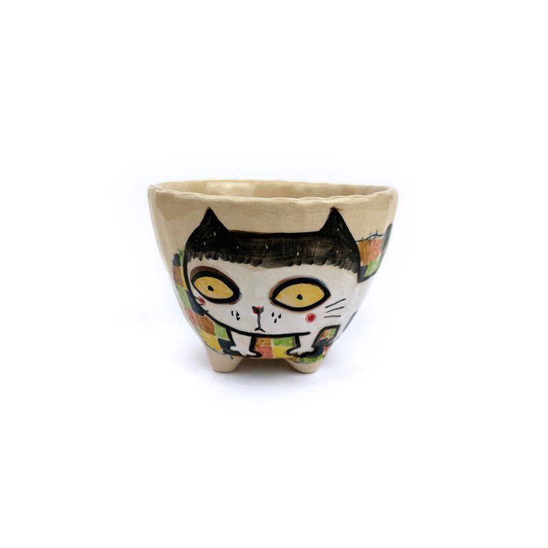 Nice Little Clay Handmade Bowl Cute Cat 0202-22 - ถ้วยชาม - ดินเผา ขาว