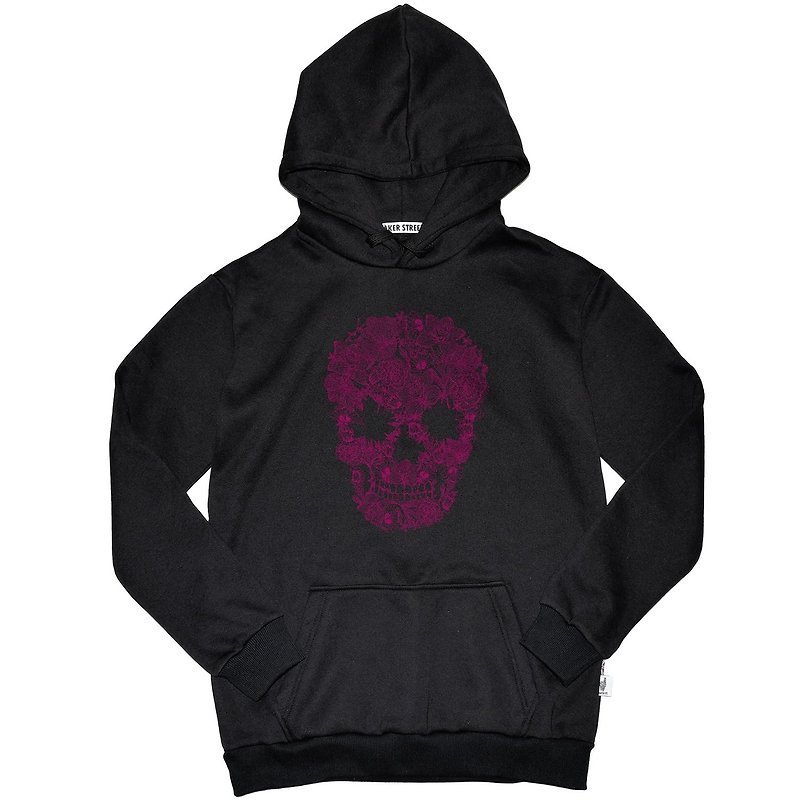 British Fashion Brand -Baker Street- Blossom Skull Printed Hoodie - เสื้อฮู้ด - ผ้าฝ้าย/ผ้าลินิน สีดำ