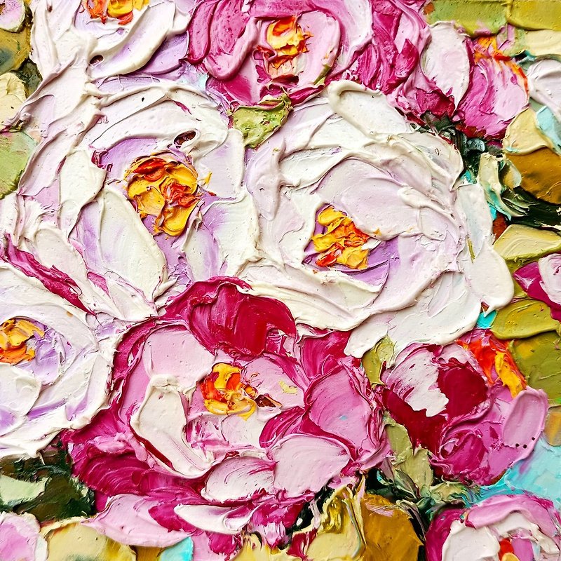 Peony Painting Peonies Original Art Floral Oil Painting Flowers Small Wall Art - 牆貼/牆身裝飾 - 其他材質 紫色