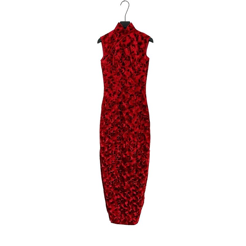 二手 古董訂製 鮮紅色 絨布 無袖 旗袍 OPF308 - 連身裙 - 聚酯纖維 紅色